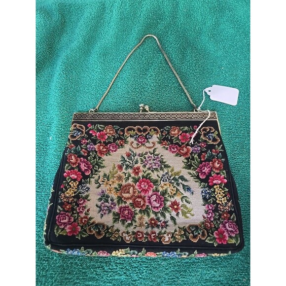 Vintage Original PETIT POINT Handbag Handcrafted 7.5x6.5x1 Very Clean - Picture 1 of 9